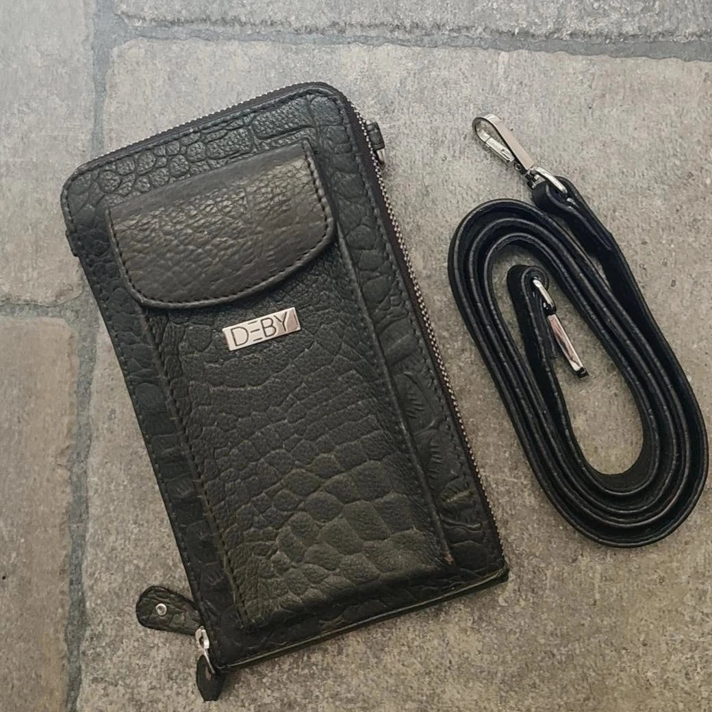 Leather Crossbody Sling Bag - Croco Black